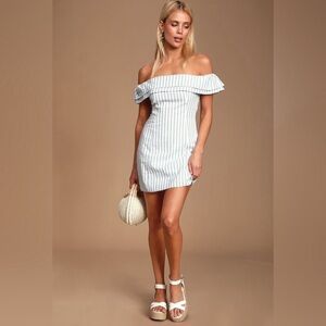 Lulu’s Striped Sage Green / White Off Shoulder Mini Dress | Sold out on Lulus